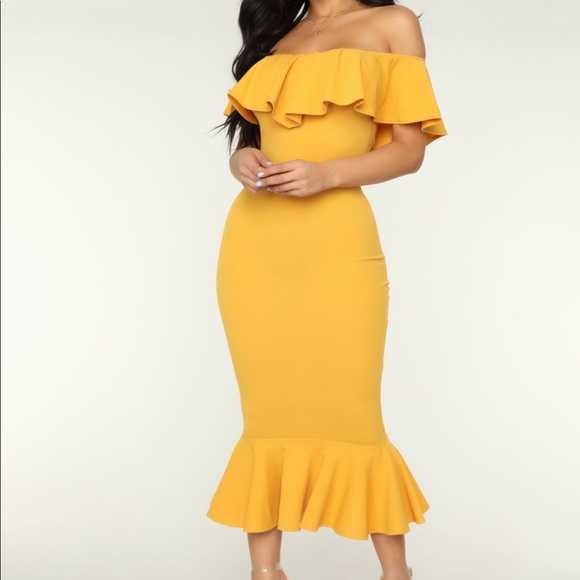 yellow off the shoulder ruffle dress